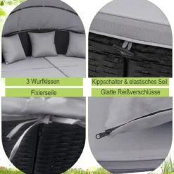 Rattan Sonnenliege rund 2-3 Personen Gartenliege mit Sitzkissen & Rückenkissen & einziehbarem Baldachin Grau