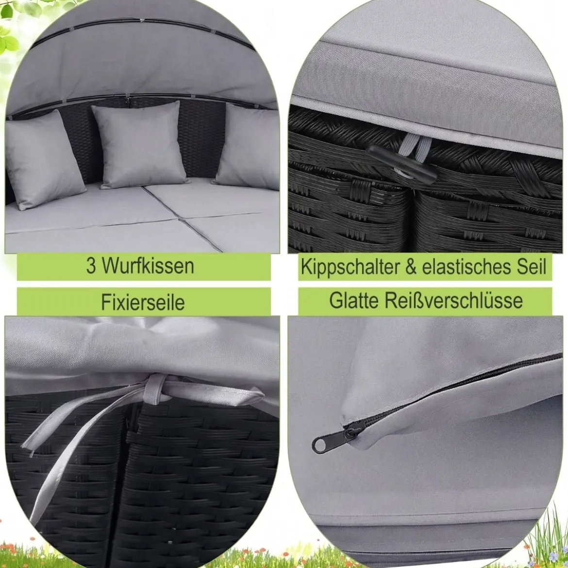 Rattan Sonnenliege rund 2-3 Personen Gartenliege mit Sitzkissen & Rückenkissen & einziehbarem Baldachin Grau