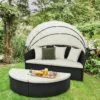 Rattan Sonnenliege rund 2-3 Personen Gartenliege mit Sitzkissen & Rückenkissen & einziehbarem Baldachin