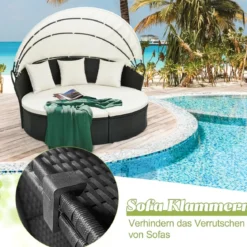 Rattan Sonnenliege rund 2-3 Personen Gartenliege mit Sitzkissen & Rückenkissen & einziehbarem Baldachin