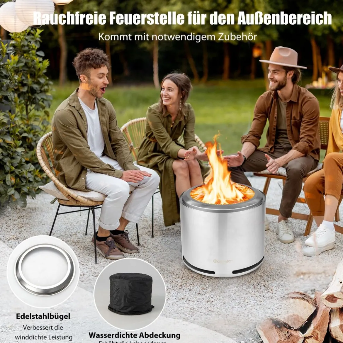 Rauchfreie Feuerstelle Lagerfeuerofen aus 304 Edelstahl 47 x 47 x 36 cm Silber