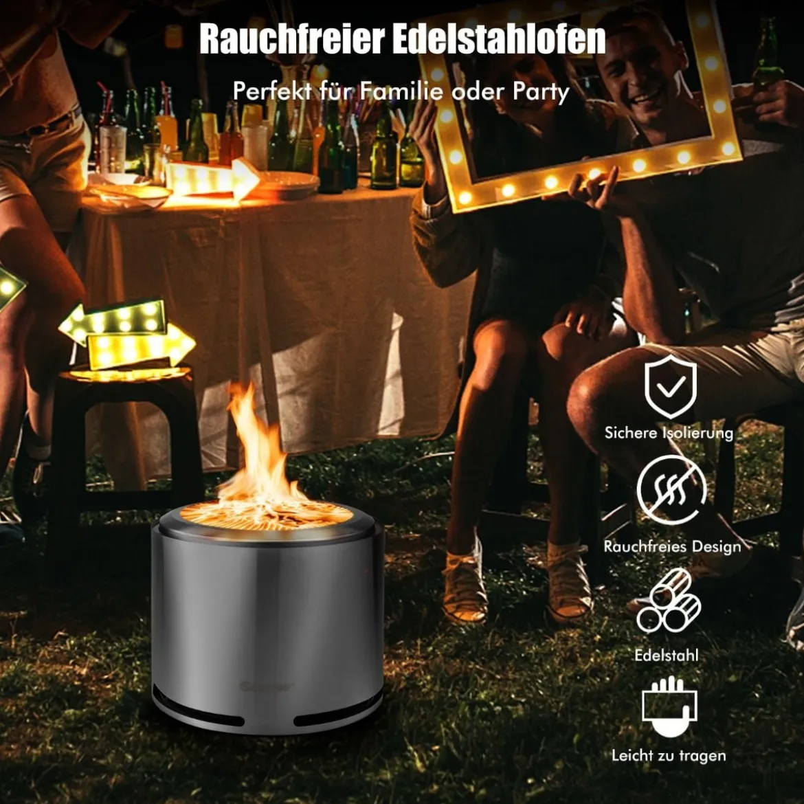 Rauchfreie Feuerstelle Lagerfeuerofen aus 304 Edelstahl 47 x 47 x 36 cm Silber