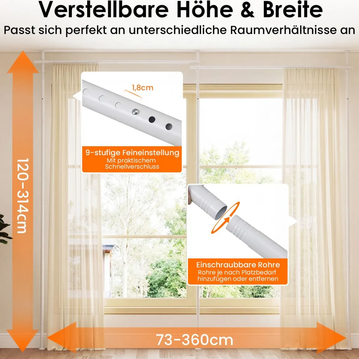 Raumteiler Gardinenstange Verstellbare Raumtrennende Vorhangstange 120-314cm(H) 73-360cm(B) Weiß