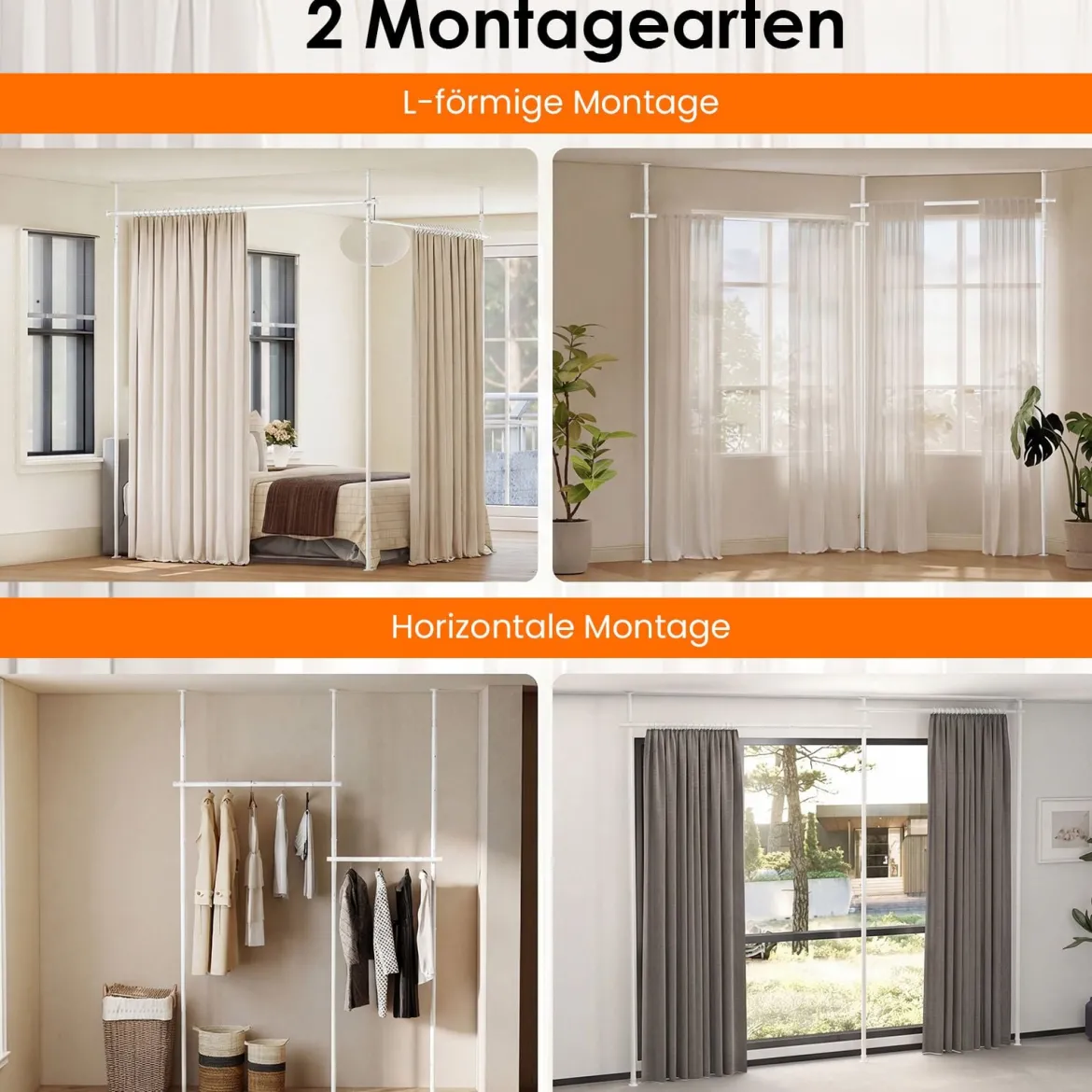 Raumteiler Gardinenstange Verstellbare Raumtrennende Vorhangstange 120-314cm(H) 73-360cm(B) Weiß