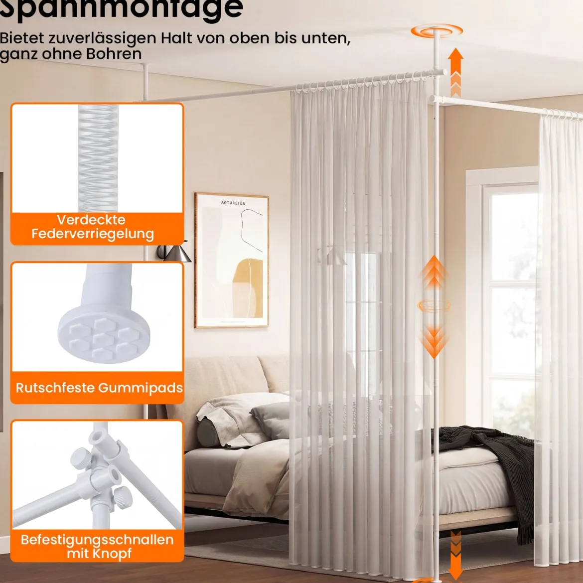 Raumteiler Gardinenstange Verstellbare Raumtrennende Vorhangstange 120-314cm(H) 73-360cm(B) Weiß