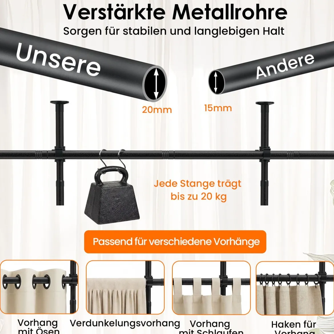 Raumteiler Gardinenstange Verstellbare Raumtrennende Vorhangstange 120-314cm(H) 73-360cm(B) Schwarz