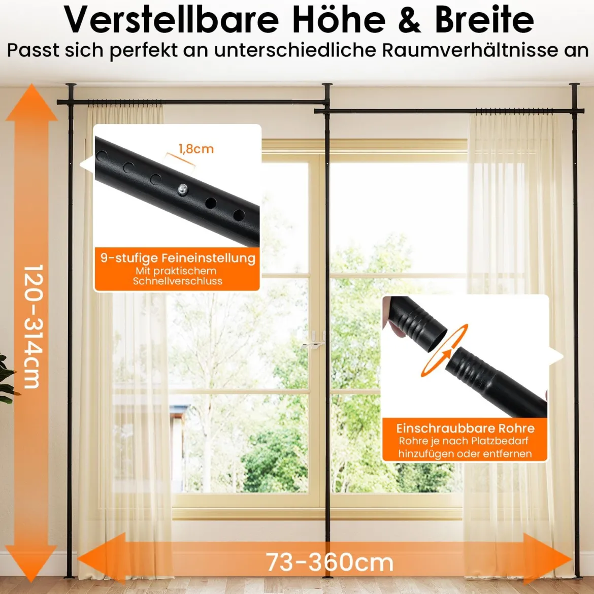 Raumteiler Gardinenstange Verstellbare Raumtrennende Vorhangstange 120-314cm(H) 73-360cm(B) Schwarz