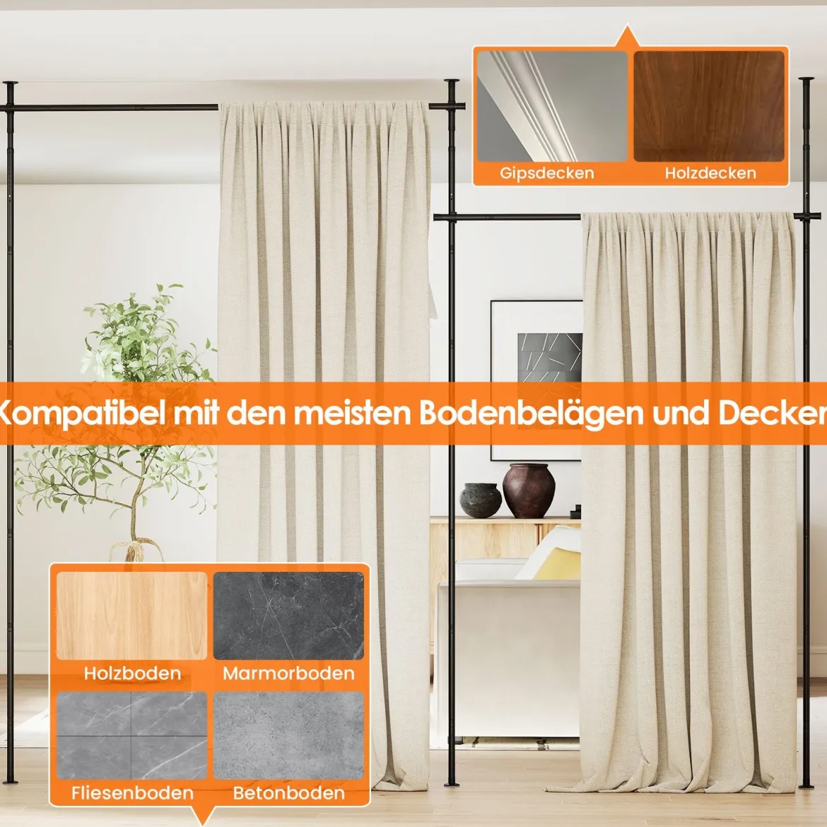 Raumteiler Gardinenstange Verstellbare Raumtrennende Vorhangstange 120-314cm(H) 73-360cm(B) Schwarz