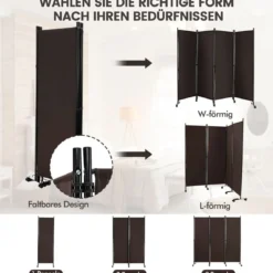 Raumteiler mit 4 Paneelen auf Rädern 173 cm Hoher Rollbarer Sichtschutz Braun