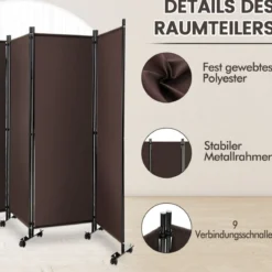 Raumteiler mit 4 Paneelen auf Rädern 173 cm Hoher Rollbarer Sichtschutz Braun