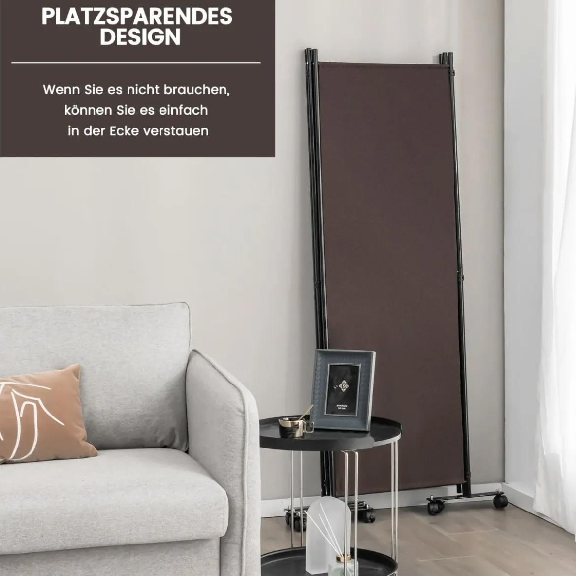 Raumteiler mit 4 Paneelen auf Rädern 173 cm Hoher Rollbarer Sichtschutz Braun