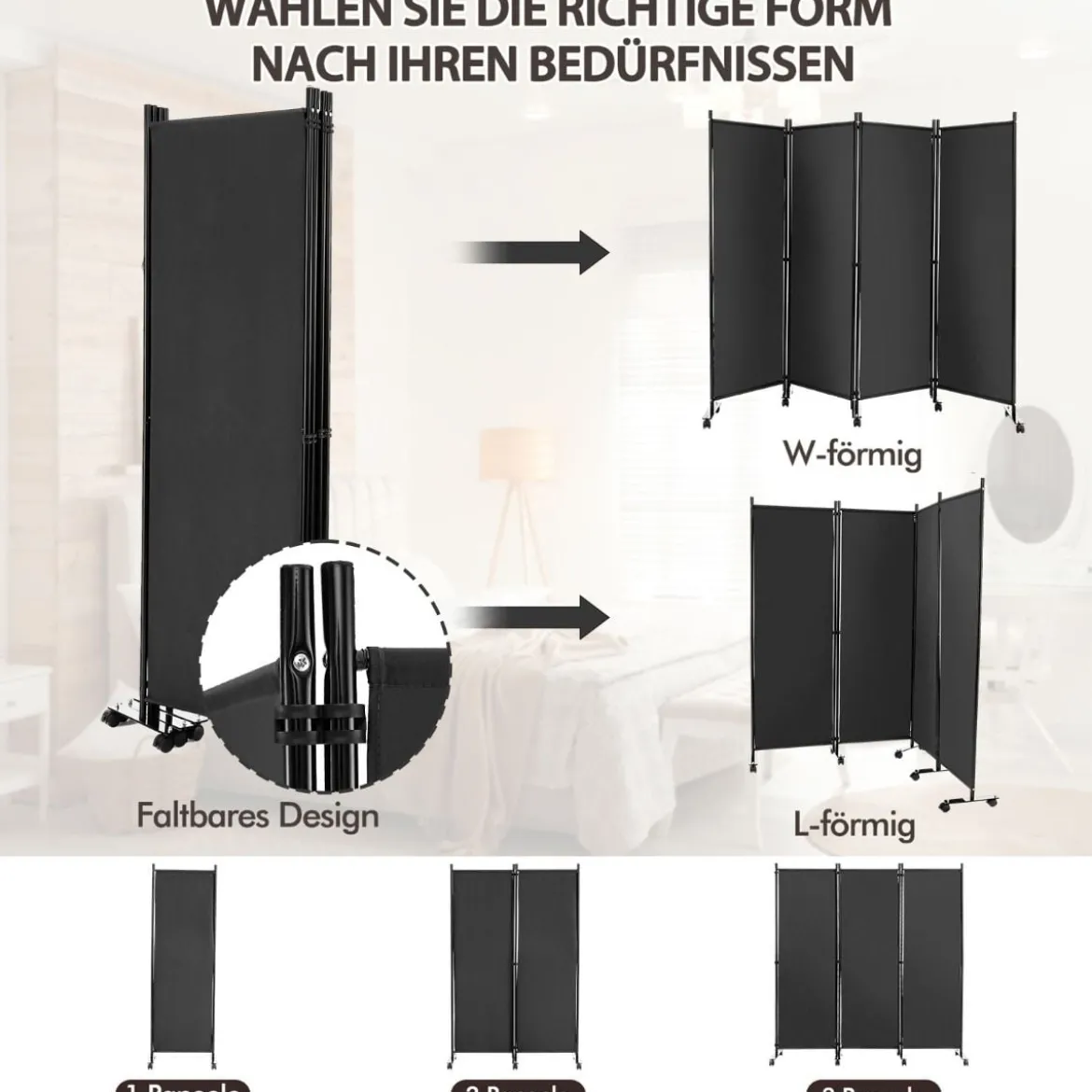 Raumteiler mit 4 Paneelen auf Rädern 173 cm Hoher Rollbarer Sichtschutz Grau
