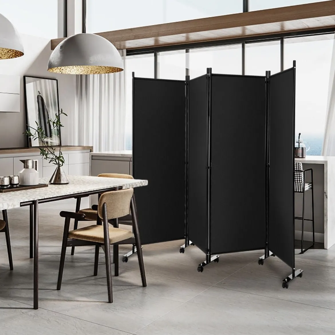 Raumteiler mit 4 Paneelen auf Rädern 173 cm Hoher Rollbarer Sichtschutz Schwarz