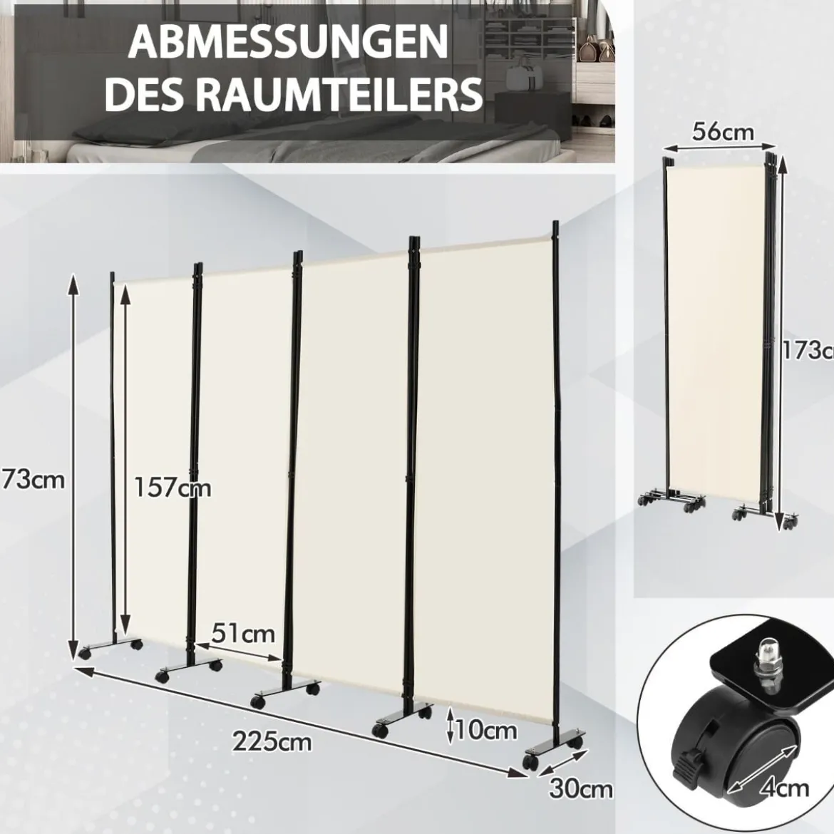 Raumteiler mit 4 Paneelen auf Rädern 173 cm Hoher Rollbarer Sichtschutz Beige