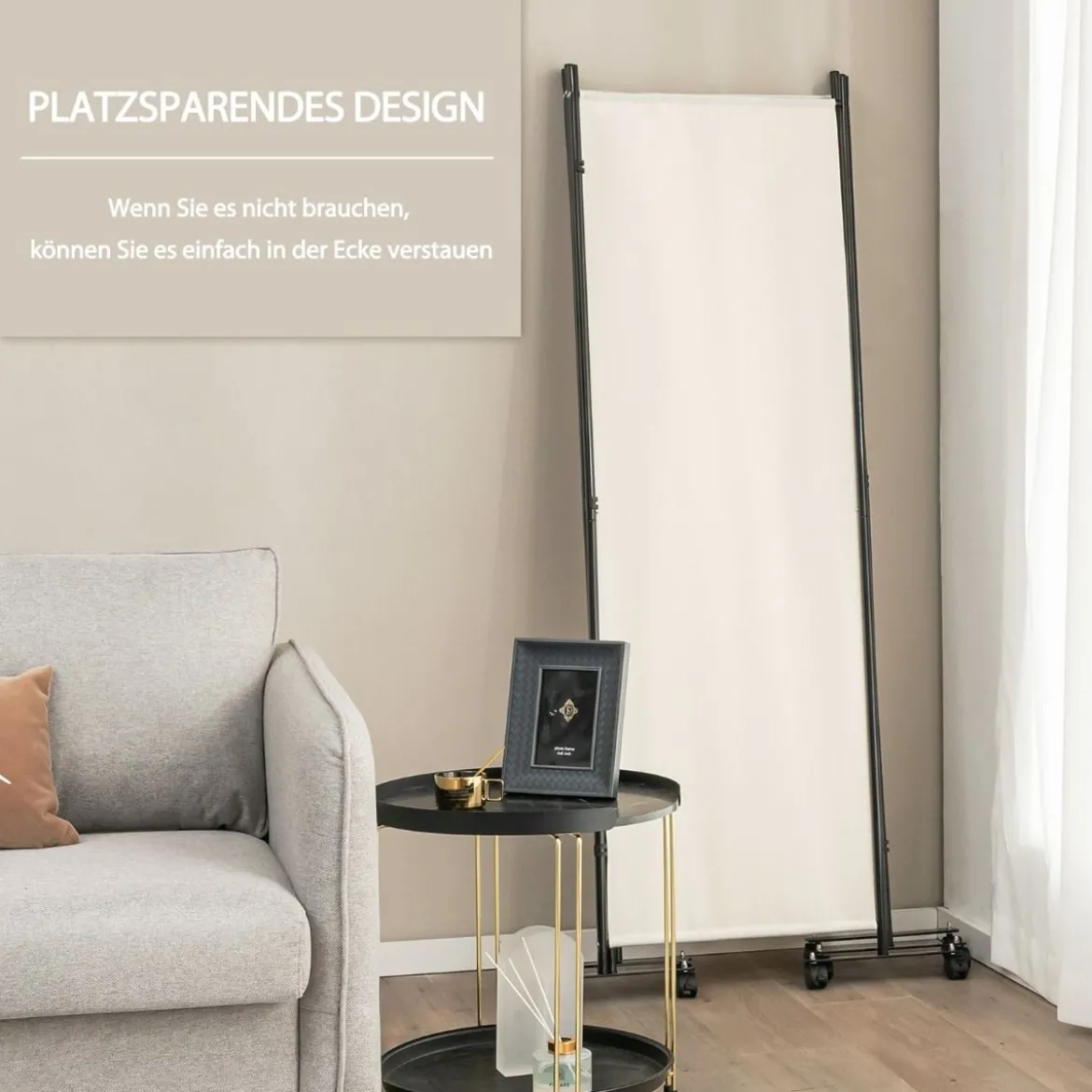 Raumteiler mit 4 Paneelen auf Rädern 173 cm Hoher Rollbarer Sichtschutz Beige