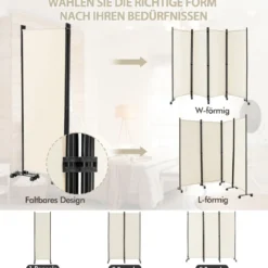 Raumteiler mit 4 Paneelen auf Rädern 173 cm Hoher Rollbarer Sichtschutz Beige