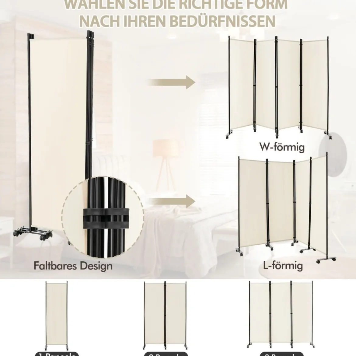 Raumteiler mit 4 Paneelen auf Rädern 173 cm Hoher Rollbarer Sichtschutz Beige