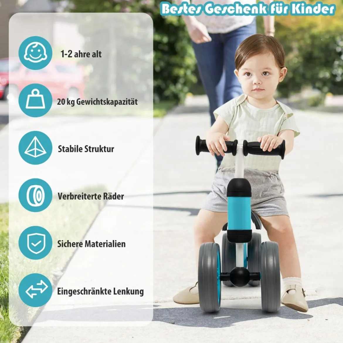4 Räder Kinder Laufrad Balance Fahrrad ohne Pedal für Kinder von 1-2 Jahre Blau