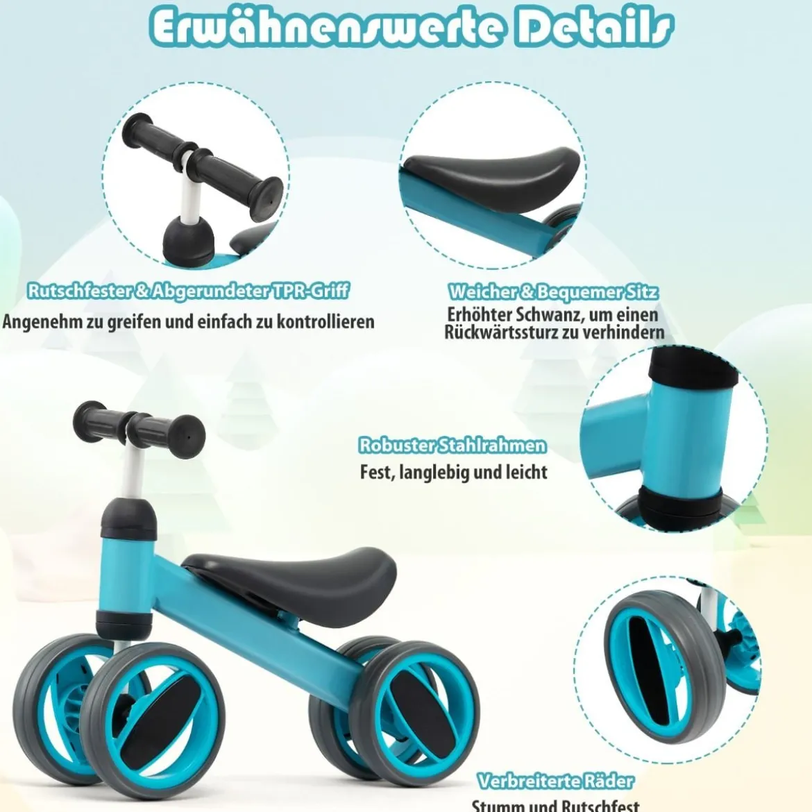 4 Räder Kinder Laufrad Balance Fahrrad ohne Pedal für Kinder von 1-2 Jahre Blau