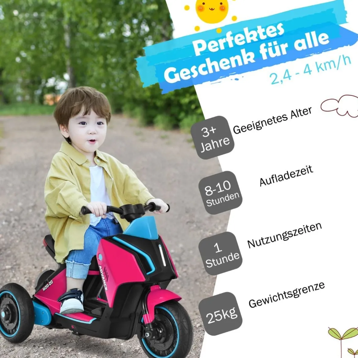 3-rädriger Kids Motorroller mit Lichtern Elektromotorrad 80,5 x 41 x 51,5 cm Rosa + Schwarz + Blau