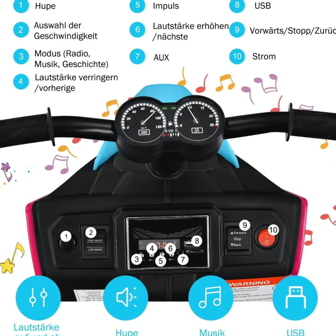 3-rädriger Kids Motorroller mit Lichtern Elektromotorrad 80,5 x 41 x 51,5 cm Rosa + Schwarz + Blau