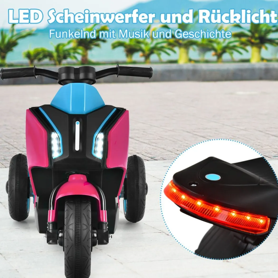 3-rädriger Kids Motorroller mit Lichtern Elektromotorrad 80,5 x 41 x 51,5 cm Rosa + Schwarz + Blau