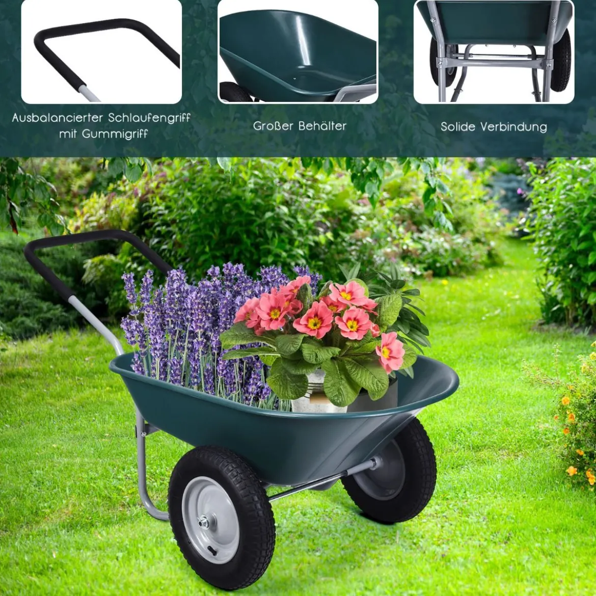 2-rädrige Schubkarre für den Garten Schwerlast-Schublade 145 x 65 x 65 cm Grün