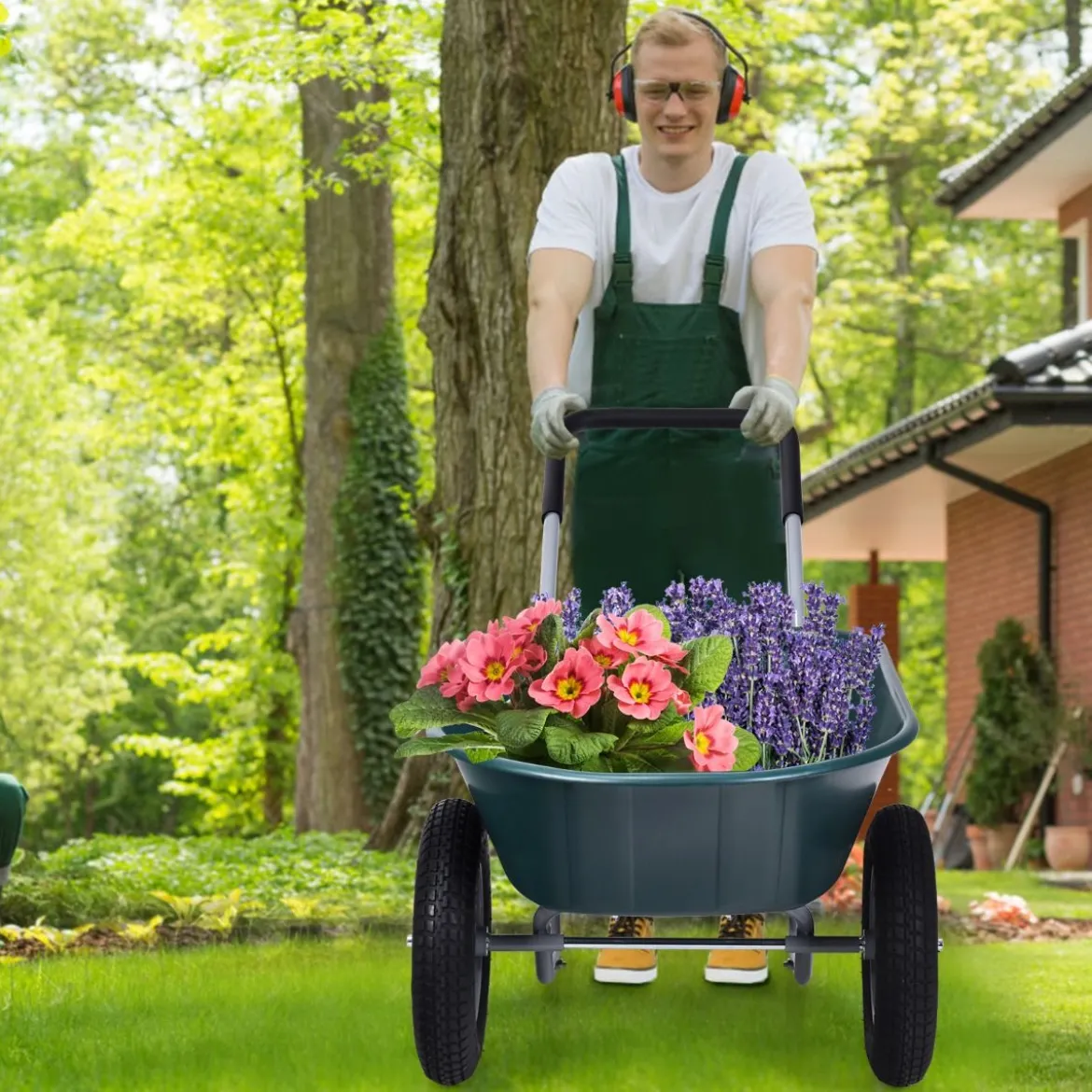 2-rädrige Schubkarre für den Garten Schwerlast-Schublade 145 x 65 x 65 cm Grün