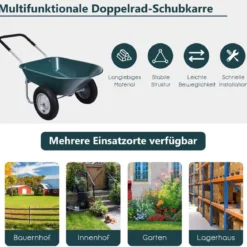 2-rädrige Schubkarre für den Garten Schwerlast-Schublade 145 x 65 x 65 cm Grün