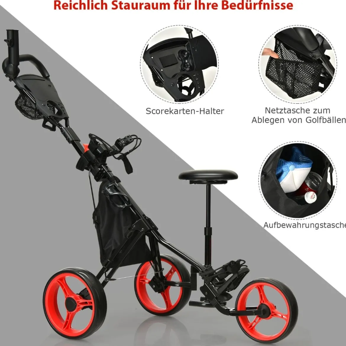 3-rädriges Golfkart verstellbares leichtes Golfkart 129,5 x 75 x 101,5-119,5 cm Rot + Schwarz