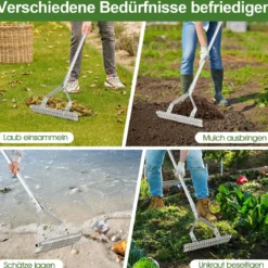 Rechen Gartenrechen Aluminium 50 x 178 cm Rasenrechen mit verstellbaren 19 Zinken