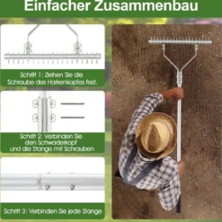 Rechen Gartenrechen Aluminium 50 x 178 cm Rasenrechen mit verstellbaren 19 Zinken
