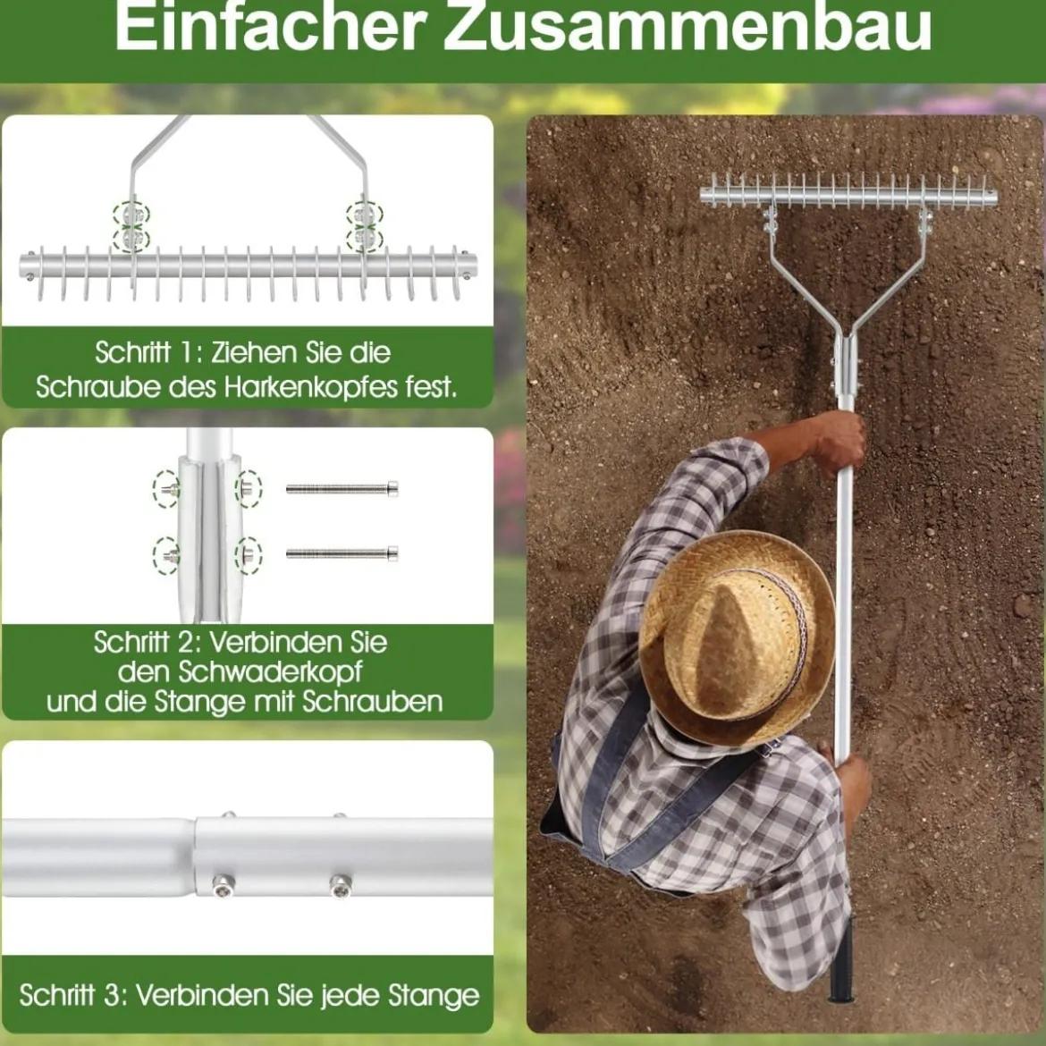 Rechen Gartenrechen Aluminium 50 x 178 cm Rasenrechen mit verstellbaren 19 Zinken