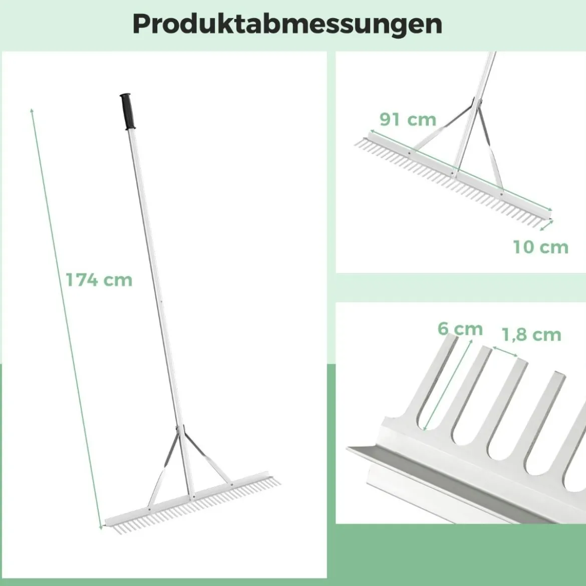 Rechen Gartenrechen aus Aluminium mit 91 cm breitem Rechenkopf 91 x 10 x 174 cm Silber