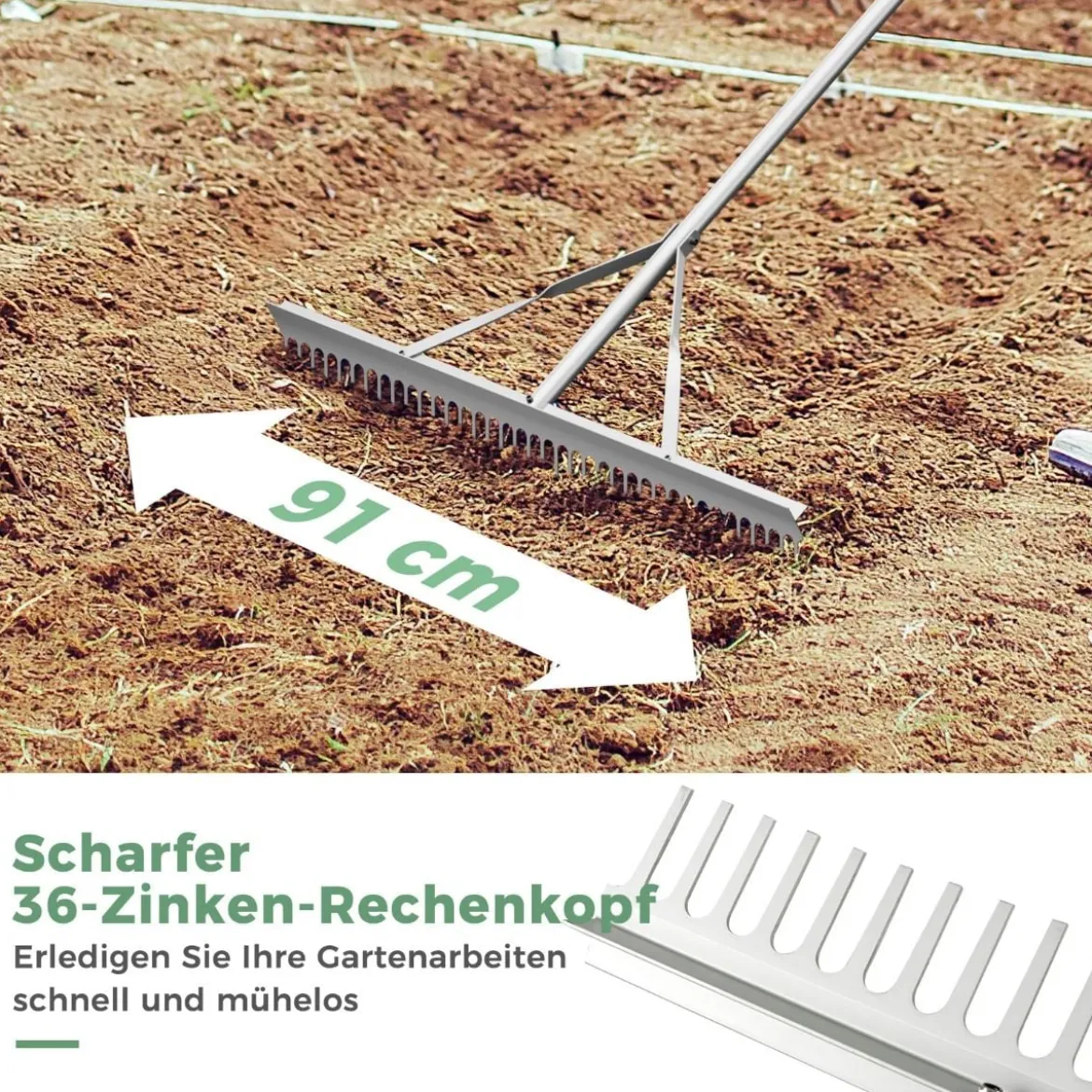 Rechen Gartenrechen aus Aluminium mit 91 cm breitem Rechenkopf 91 x 10 x 174 cm Silber