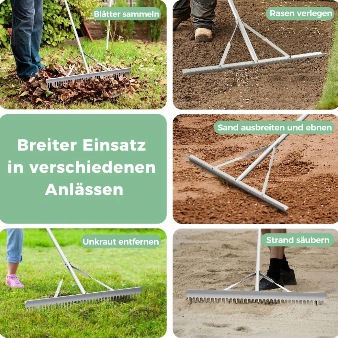 Rechen Gartenrechen aus Aluminium mit 91 cm breitem Rechenkopf 91 x 10 x 174 cm Silber