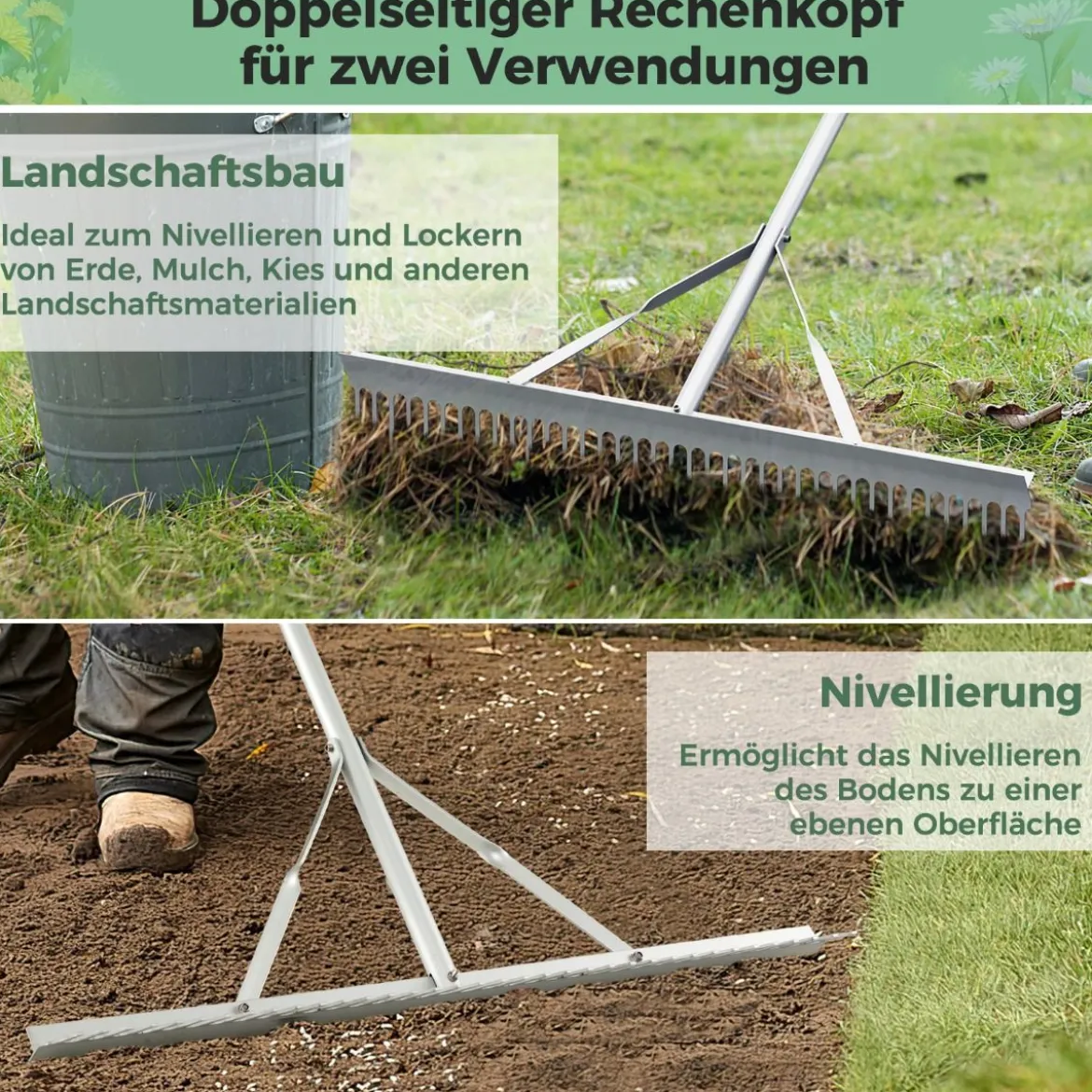 Rechen Gartenrechen aus Aluminium mit 91 cm breitem Rechenkopf 91 x 10 x 174 cm Silber
