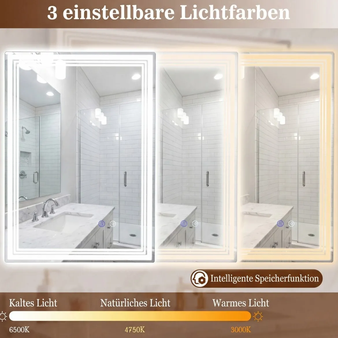 Rechteckiger Badspiegel mit LED Beleuchtung & Anti-Beschlag & Memory-Funktion Wandspiegel 70 x 50 cm