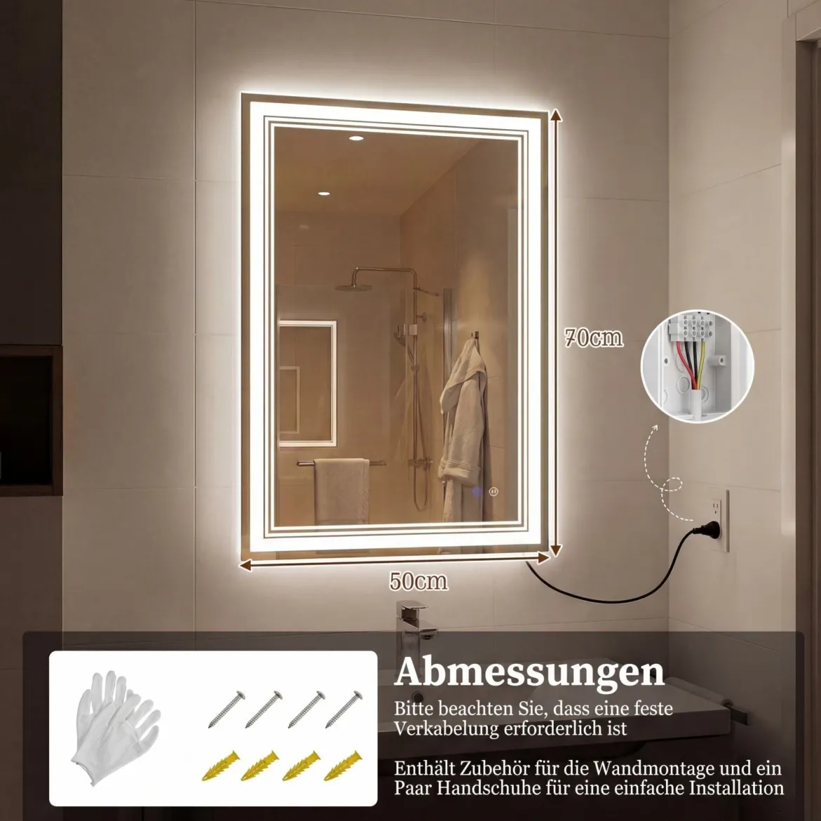 Rechteckiger Badspiegel mit LED Beleuchtung & Anti-Beschlag & Memory-Funktion Wandspiegel 70 x 50 cm