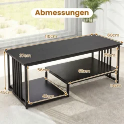 Rechteckiger Couchtisch mit 2 Ablageflächen & Robustem Metallgestell Moderner Akzenttisch Schwarz