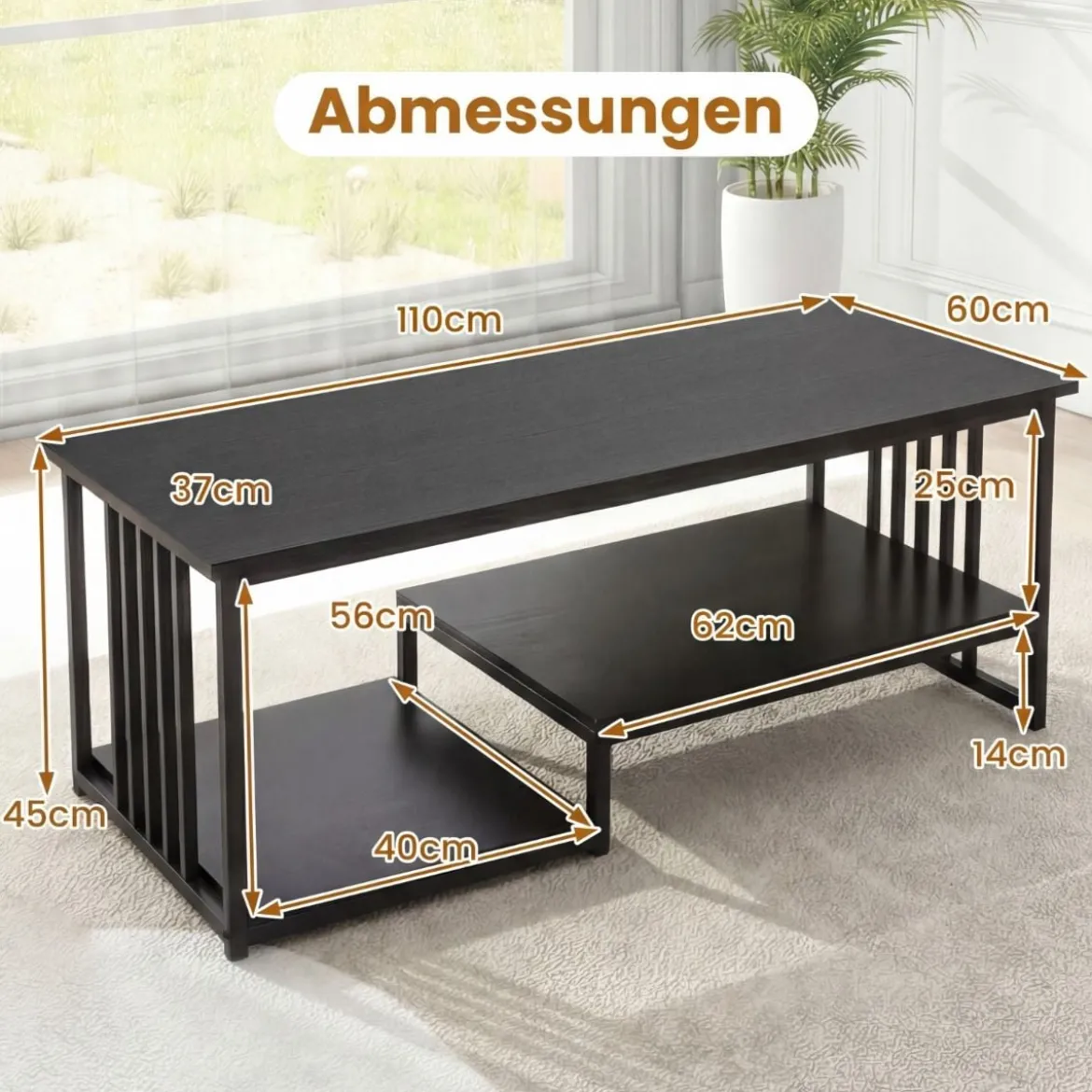 Rechteckiger Couchtisch mit 2 Ablageflächen & Robustem Metallgestell Moderner Akzenttisch Schwarz