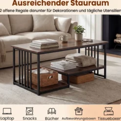 Rechteckiger Couchtisch mit 2 Ablageflächen & Robustem Metallgestell Moderner Akzenttisch Rustikal Braun