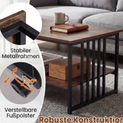 Rechteckiger Couchtisch mit 2 Ablageflächen & Robustem Metallgestell Moderner Akzenttisch Rustikal Braun