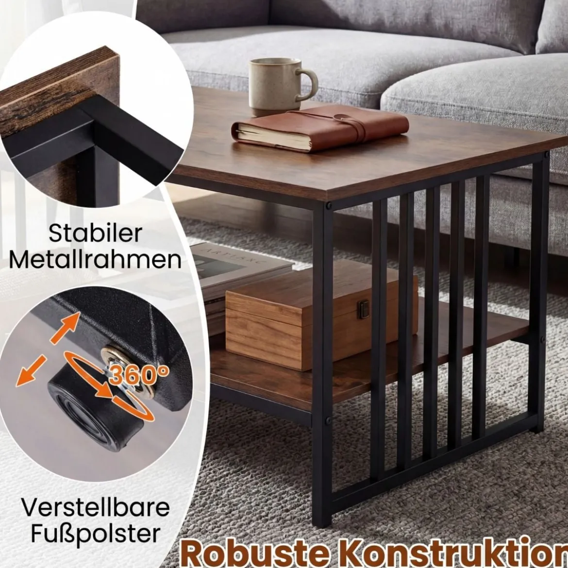Rechteckiger Couchtisch mit 2 Ablageflächen & Robustem Metallgestell Moderner Akzenttisch Rustikal Braun