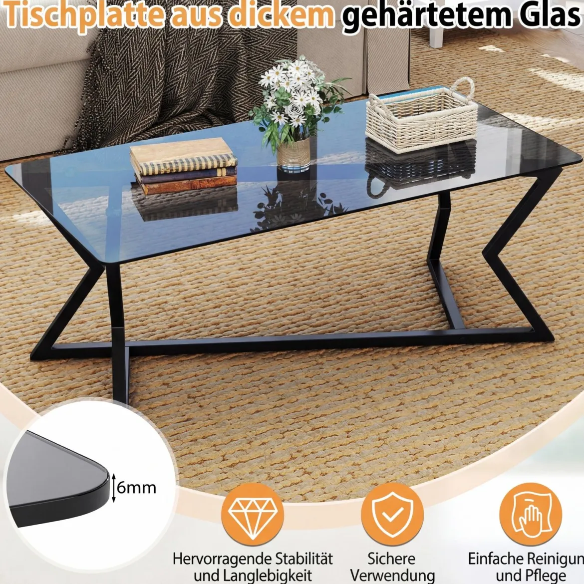 Rechteckiger Couchtisch mit Gehärteter Glasplatte & Geometrischem Metallgestell Moderner Glastisch