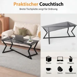 Rechteckiger Couchtisch mit Gehärteter Glasplatte & Geometrischem Metallgestell Moderner Glastisch
