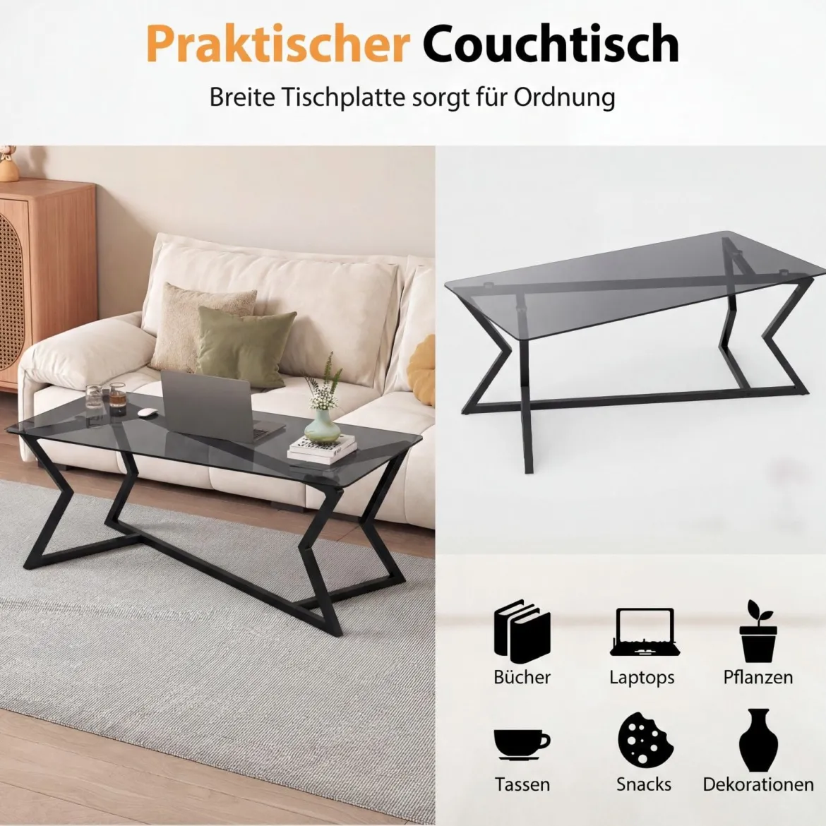 Rechteckiger Couchtisch mit Gehärteter Glasplatte & Geometrischem Metallgestell Moderner Glastisch