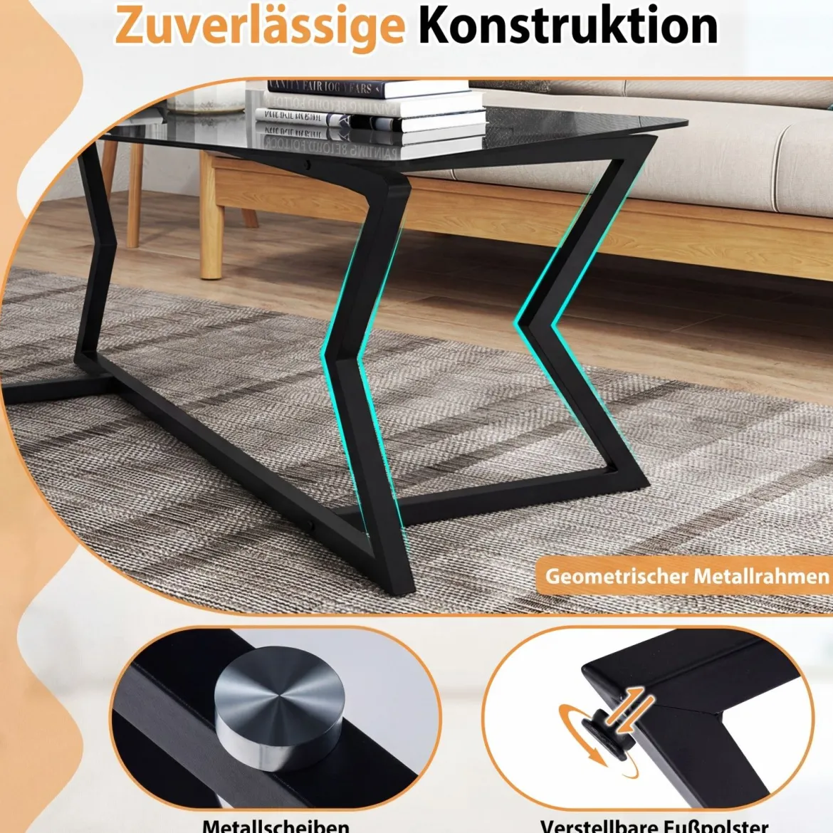 Rechteckiger Couchtisch mit Gehärteter Glasplatte & Geometrischem Metallgestell Moderner Glastisch