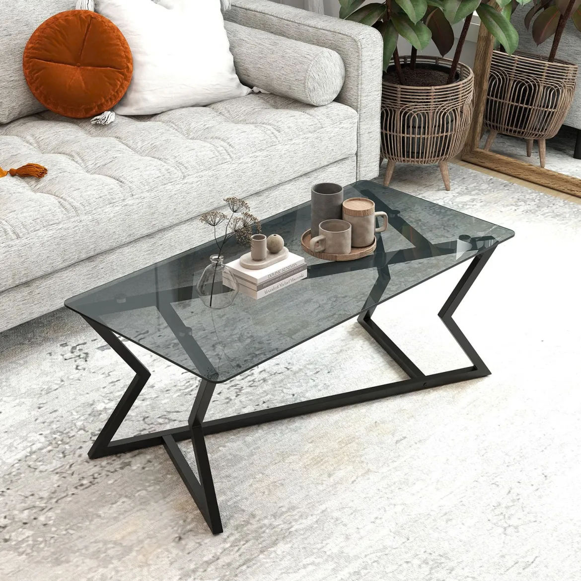 Rechteckiger Couchtisch mit Gehärteter Glasplatte & Geometrischem Metallgestell Moderner Glastisch