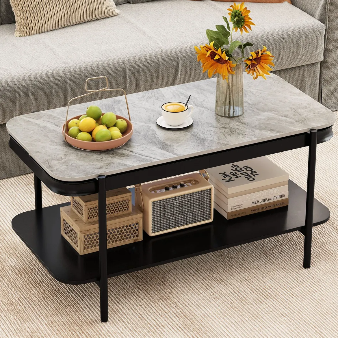 Rechteckiger Couchtisch Moderner Sofatisch Cocktailtisch Kaffeetisch Akzenttisch Grau
